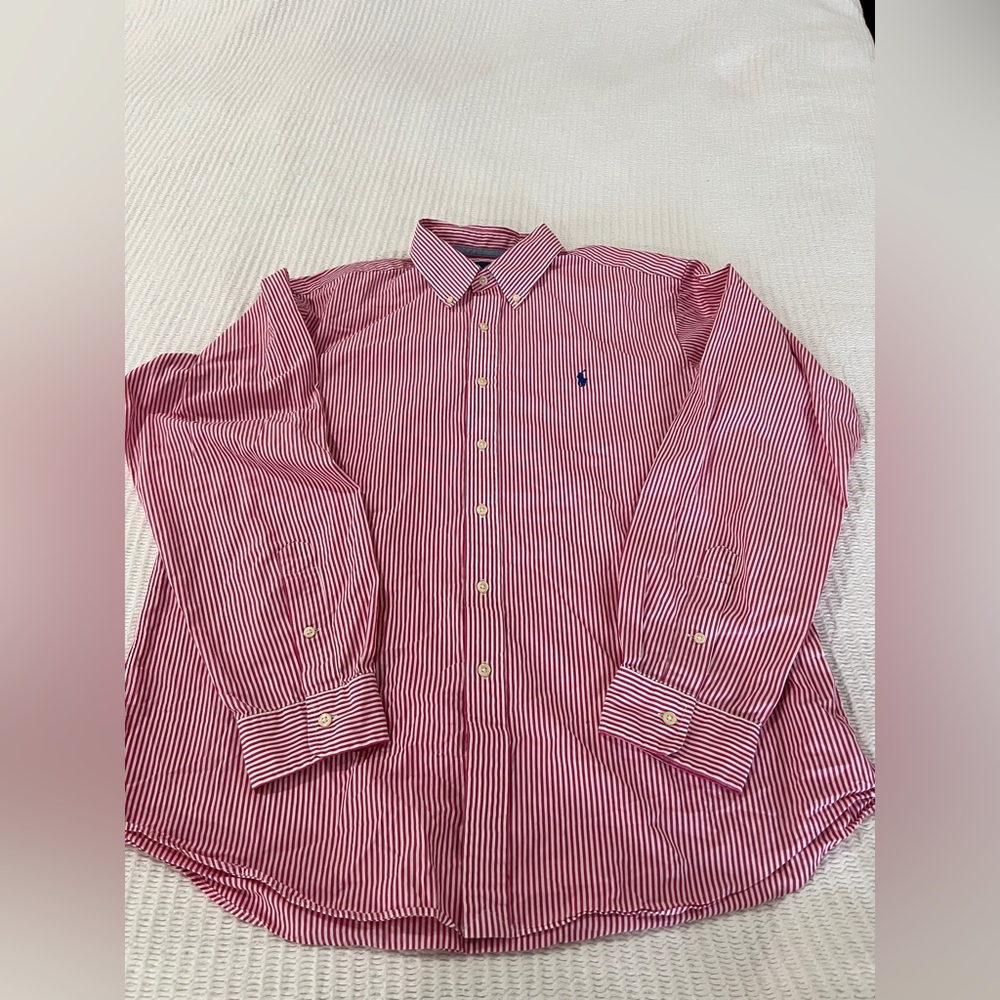 Ralph Lauren Red and White Striped Men's Shirt Size XL